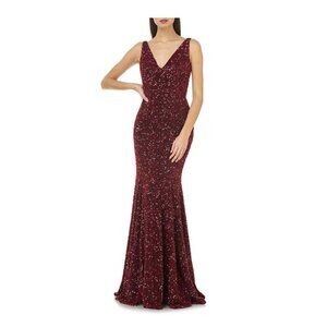 Carmen Marc Valvo Infusion Women 6 Red Sequin V Neck Side Slit Long Gown NWTBZ57